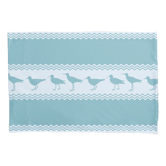 Blue Coastal Sandpiper Bird Stripes Pillowcase (Front)