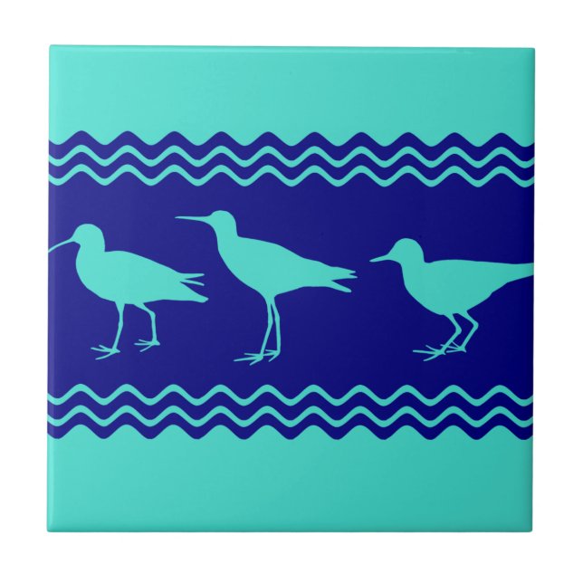 Blue Coastal Sandpiper Bird Stripes Tile (Front)