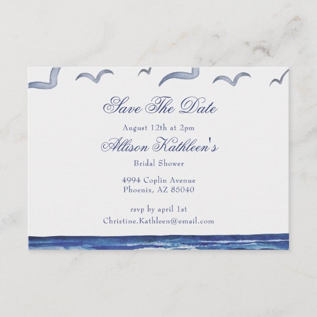 Blue Coastal Sea Bridal Shower Save The Date Enclosure Card (Front)