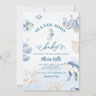 Blue Coastal Sea you soon baby shower Invitation