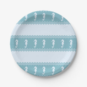 Blue Coastal Seahorses Stripes Paper Plate