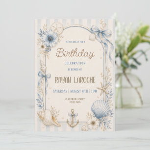 Blue Coastal Seashell Birthday Party Invitation