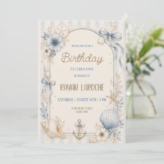 Blue Coastal Seashell Birthday Party Invitation