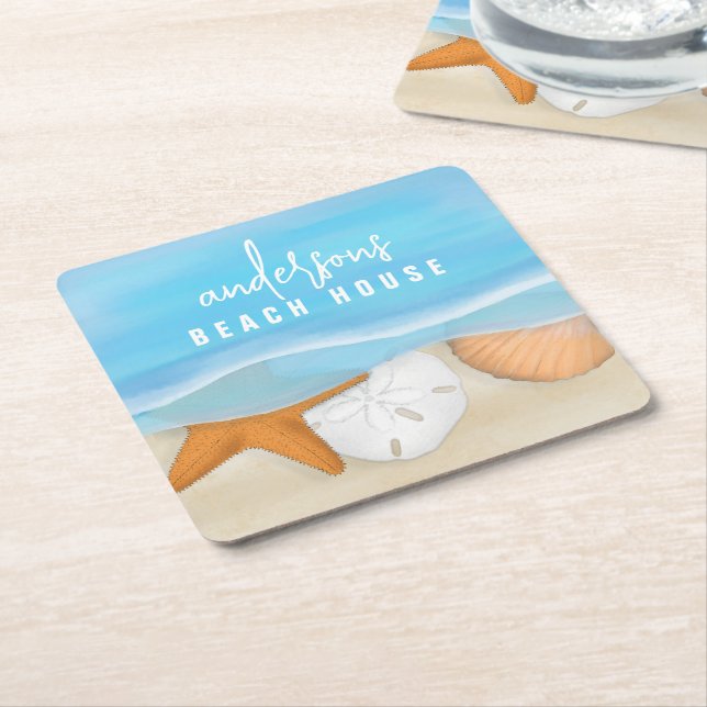 Blue Coastal Seaside Whimsical Ocean Seashells Square Paper Coaster (Angled)