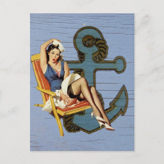 blue coastal ship and anchor pool party girl postcard (Front)
