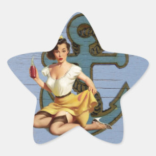 blue coastal ship and anchor pool party girl star sticker