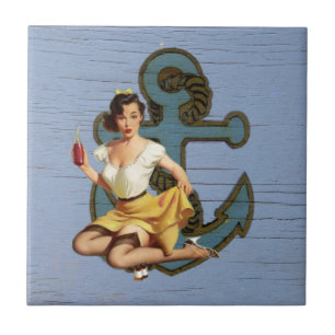 blue coastal ship and anchor pool party girl tile