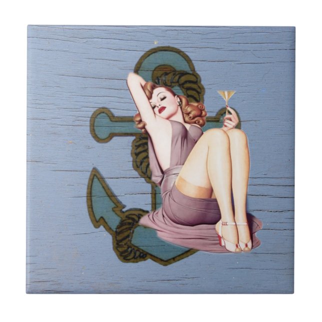 blue coastal ship and anchor pool party girl tile (Front)