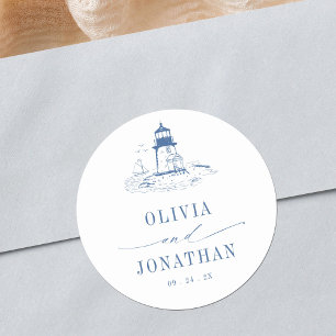 Blue Coastal Toile Lighthouse Wedding Classic Round Sticker