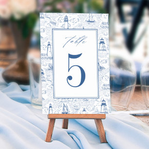 Blue Coastal Toile Lighthouse Wedding Table Number