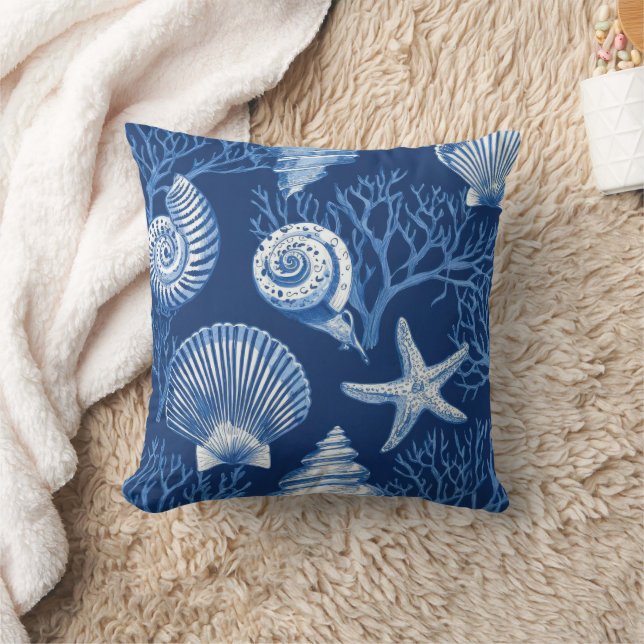 Blue Coastal Toile Seashell Coral Pattern (2) Cushion (Blanket)