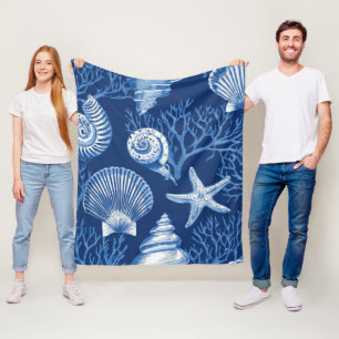 Blue Coastal Toile Seashell Coral Pattern (2) Fleece Blanket
