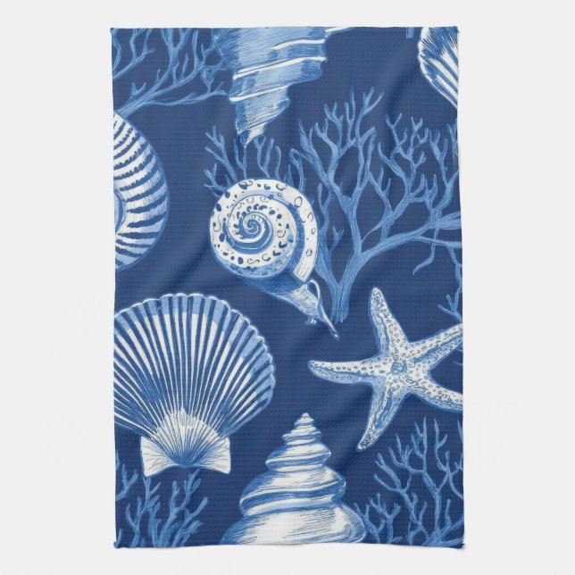 Blue Coastal Toile Seashell Coral Pattern (2) Tea Towel (Vertical)