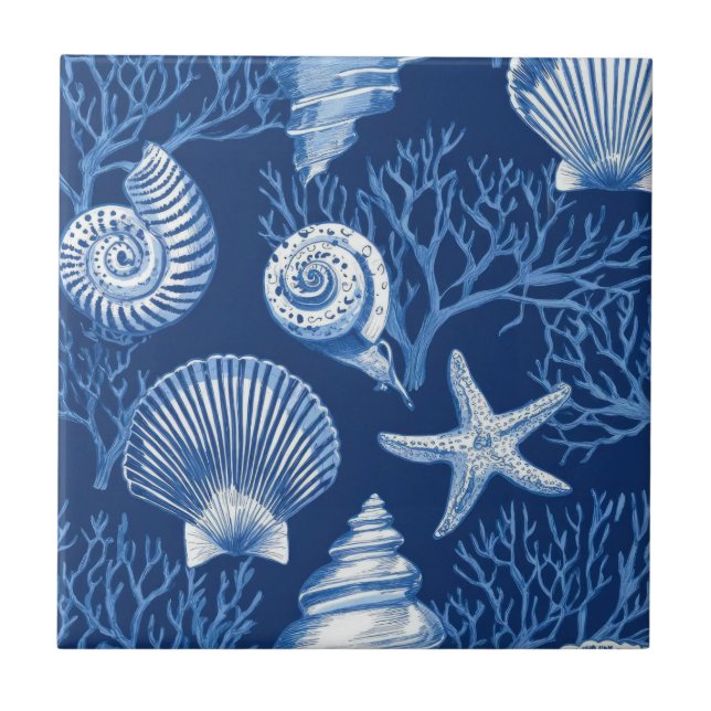 Blue Coastal Toile Seashell Coral Pattern (2) Tile (Front)