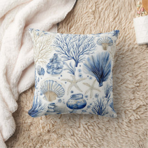 Blue Coastal Toile Seashell Coral Pattern (3) Cushion