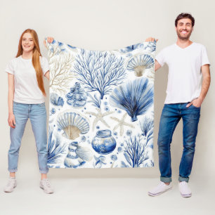 Blue Coastal Toile Seashell Coral Pattern (3) Fleece Blanket
