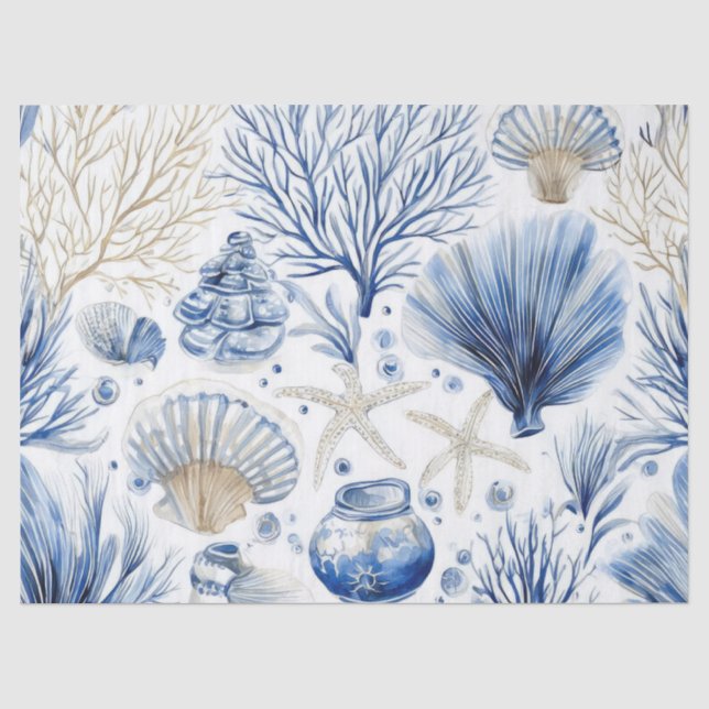 Blue Coastal Toile Seashell Coral Pattern (3) Tissue Paper (Front)