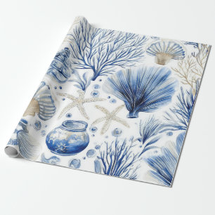 Blue Coastal Toile Seashell Coral Pattern (3) Wrapping Paper