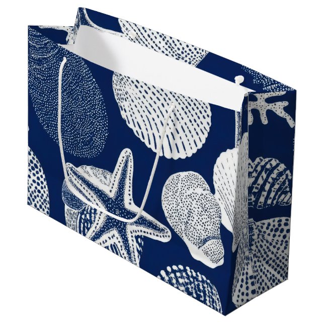 Blue Coastal Toile Seashell Coral Pattern (4) Large Gift Bag (Front Angled)