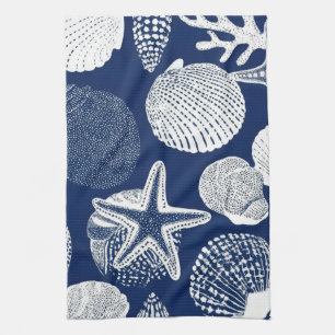 Blue Coastal Toile Seashell Coral Pattern (4) Tea Towel
