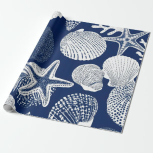 Blue Coastal Toile Seashell Coral Pattern (4) Wrapping Paper