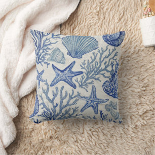 Blue Coastal Toile Seashell Coral Pattern Cushion