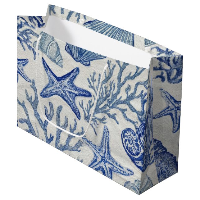 Blue Coastal Toile Seashell Coral Pattern Large Gift Bag (Front Angled)
