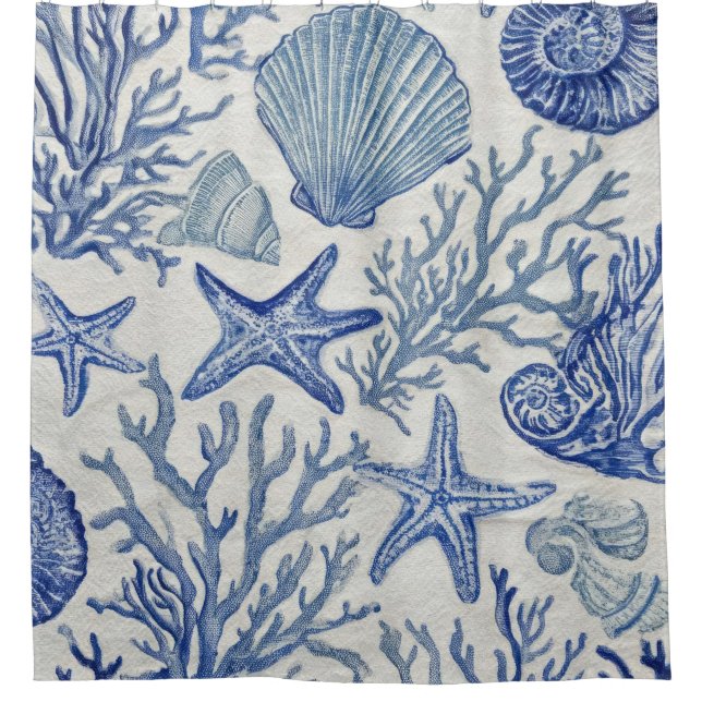 Blue Coastal Toile Seashell Coral Pattern Shower Curtain (Front)