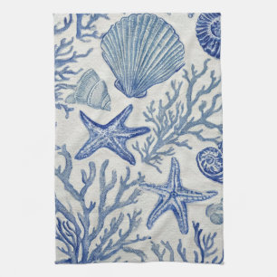 Blue Coastal Toile Seashell Coral Pattern Tea Towel