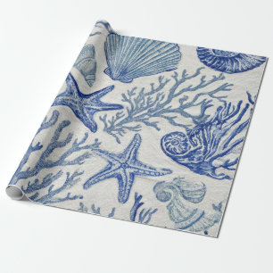 Blue Coastal Toile Seashell Coral Pattern Wrapping Paper