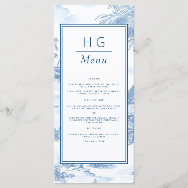 Blue Coastal Toile Wedding Flat Menu (Front)