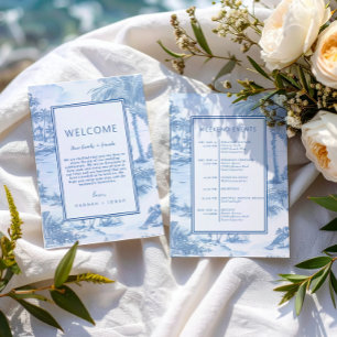 Blue Coastal Toile Wedding program Welcome card