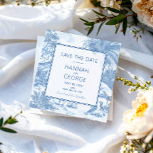 Blue Coastal Toile Wedding Save the Date card