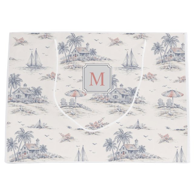 Blue Coastal Tropical French Toile Monogram Large Gift Bag (Front)