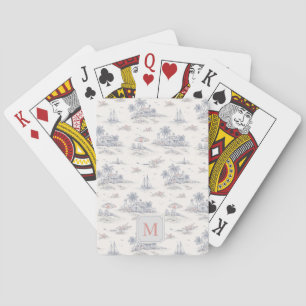 Blue Coastal Tropical French Toile Monogram Name Playing Cards