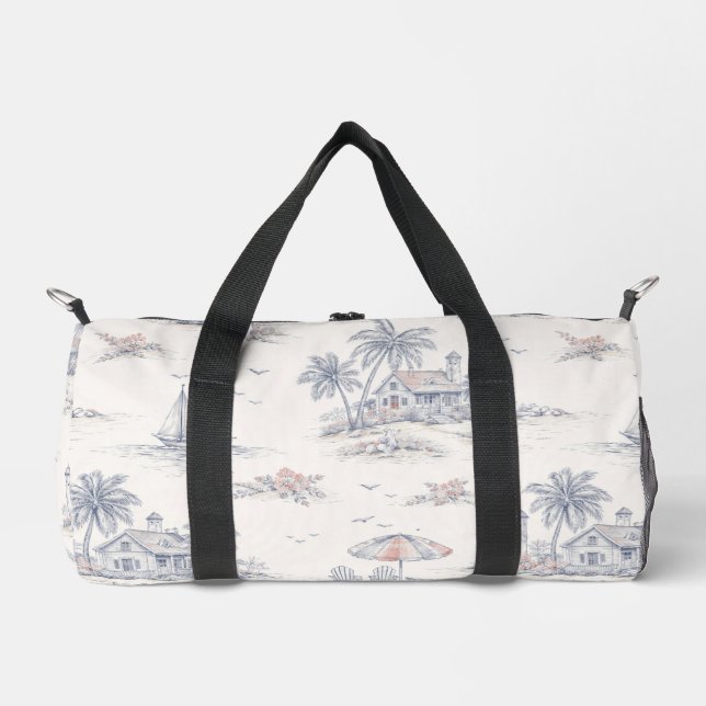Blue Coastal Tropical French Toile Pattern Duffle Bag (Front)