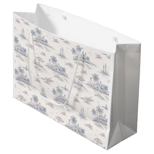 Blue Coastal Tropical French Toile Pattern Large Gift Bag (Front Angled)