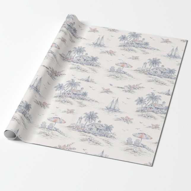Blue Coastal Tropical French Toile Pattern Wrapping Paper (Unrolled)