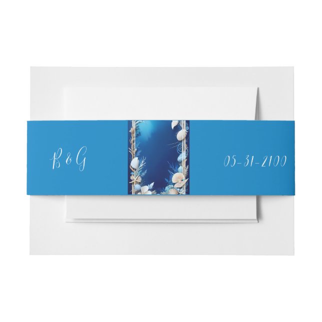 blue coastal vibe wedding invitation belly band (Front Example)