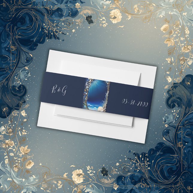blue coastal vibe wedding invitation belly band (Creator Uploaded)