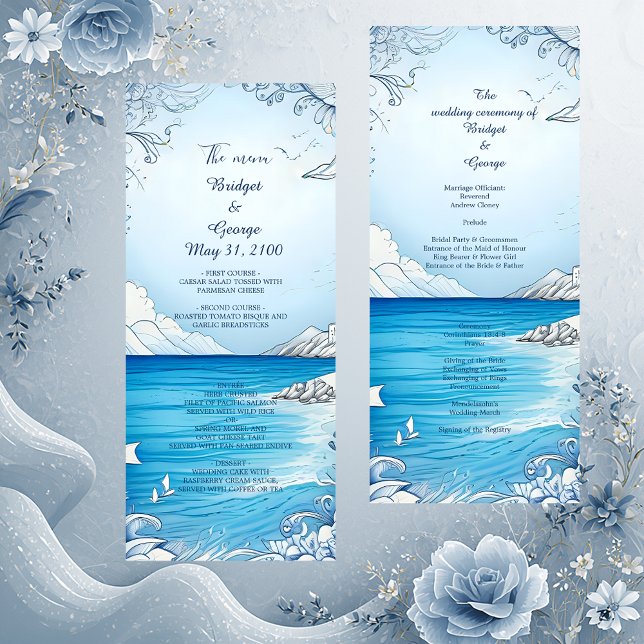 blue coastal vibe wedding program & menu (Creator Uploaded)