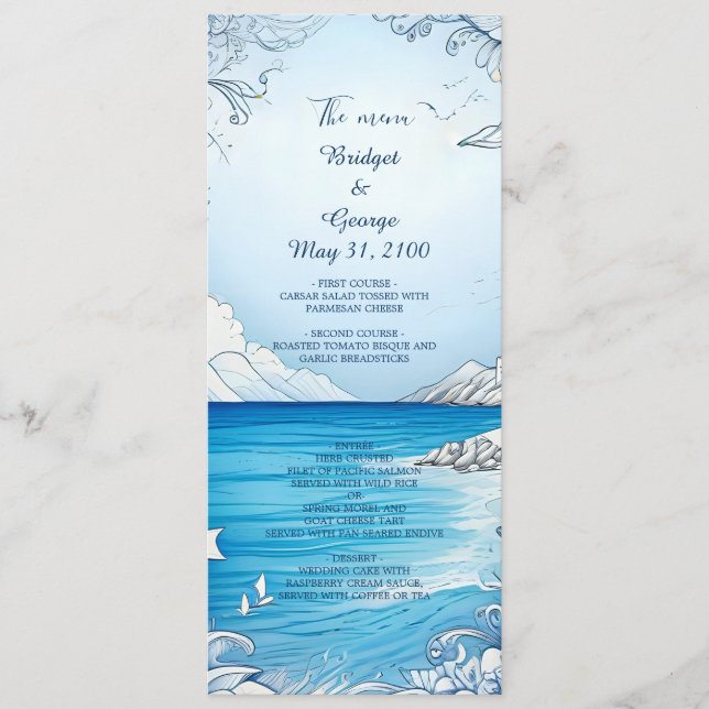 blue coastal vibe wedding program & menu (Front)