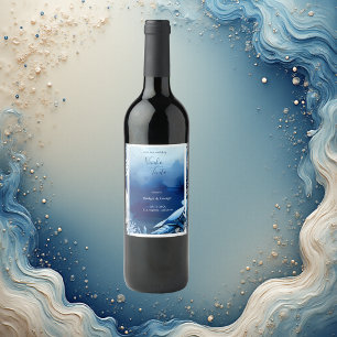 blue coastal vibe wedding wine label