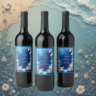 blue coastal vibe wedding wine label