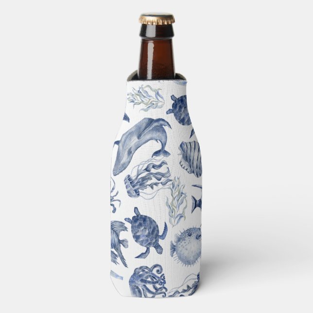 Blue Coastal Wedding Bottle Cooler (Bottle Front)