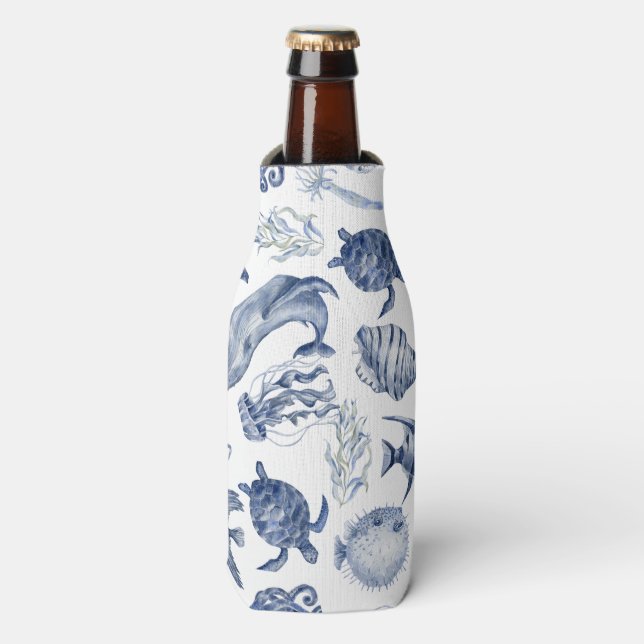 Blue Coastal Wedding Bottle Cooler (Bottle Front)