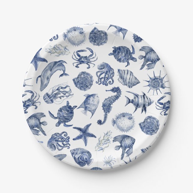 Blue Coastal Wedding Paper Plate (Front)
