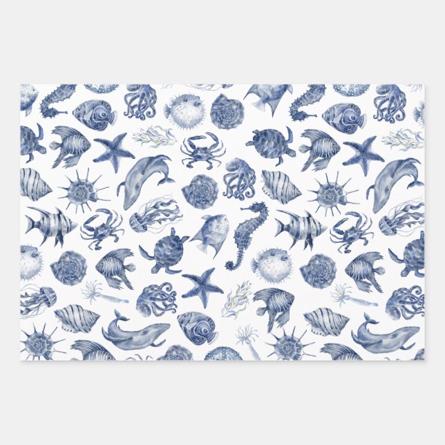 Blue Coastal Wrapping Paper Flat Sheet Set of 3 (Front)
