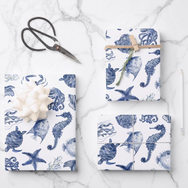 Blue Coastal Wrapping Paper Flat Sheet Set of 3 (Front)