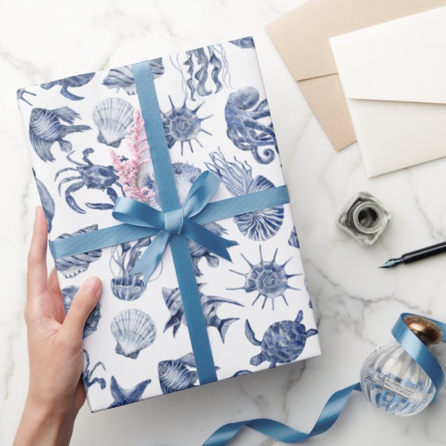 Blue Coastal Wrapping Paper Flat Sheet Set of 3 (Gifting)